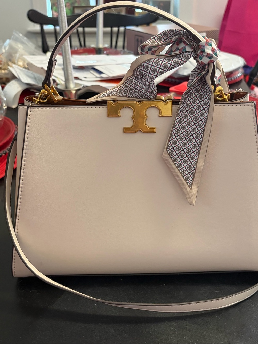 Tory Burch $700 Cream Eleanor Spazoletto Satchel with Gold Logo and Ribbon